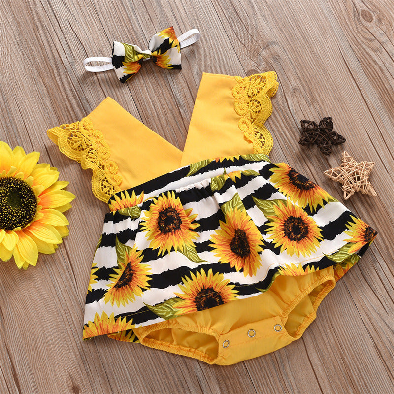 Summer Baby Girl Triangle Romper, Lace Wrapper For Newborn Baby, Sunflower Baby One-piece Romper - [[{"value":"{{ Babyvera Babyvera  }}"}]]