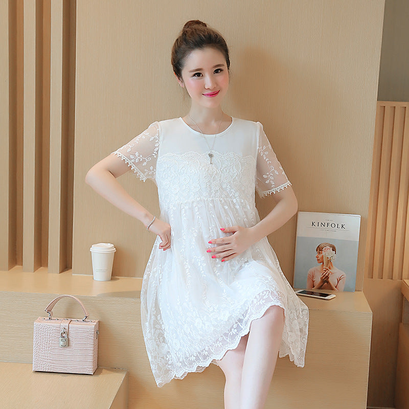 Summer new maternity dress Korean shirt lace crochet flower maternity dress long pregnant women dress - [[{"value":"{{ Babyvera Babyvera  }}"}]]