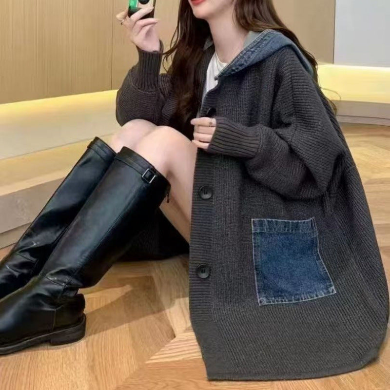 Mid Length Loose Fit Denim Patchwork Knit Cardigan - [[{"value":"{{ Babyvera Babyvera  }}"}]]