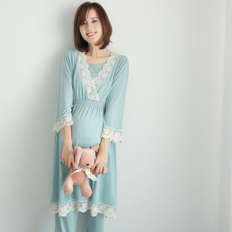 spring and autumn new Japanese maternity dress pregnant women breastfeeding clothes month clothes postpartum home service lace pajamas set - [[{"value":"{{ Babyvera Babyvera  }}"}]]