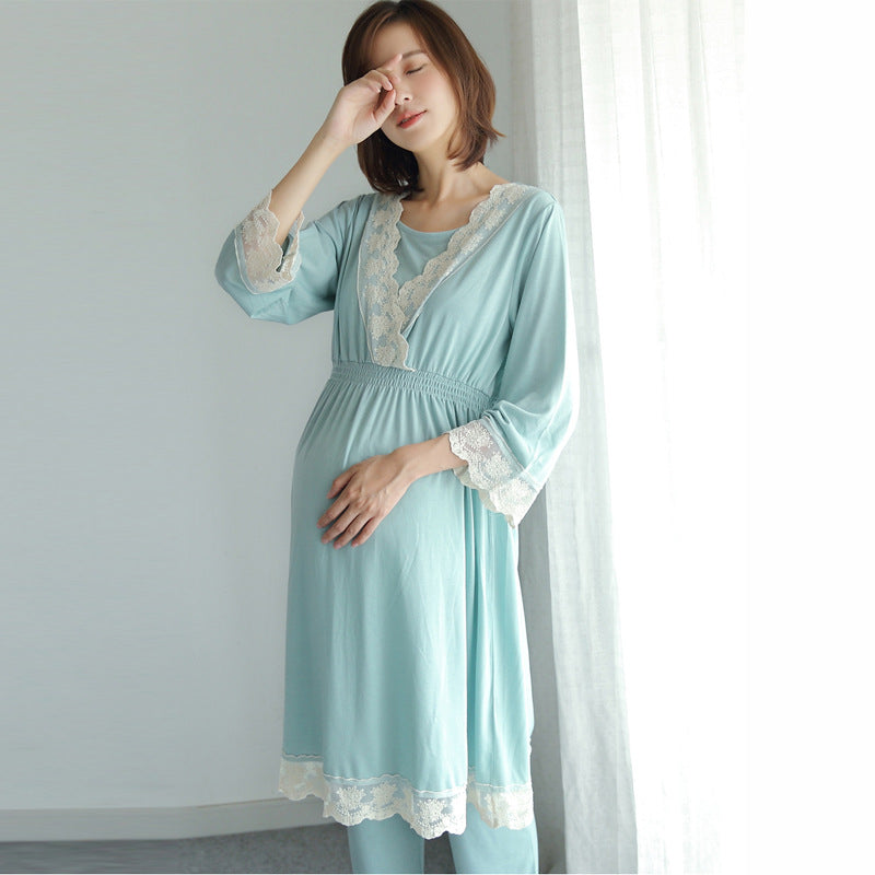 spring and autumn new Japanese maternity dress pregnant women breastfeeding clothes month clothes postpartum home service lace pajamas set - [[{"value":"{{ Babyvera Babyvera  }}"}]]