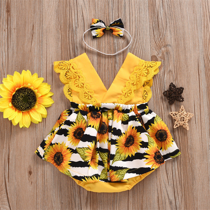 Summer Baby Girl Triangle Romper, Lace Wrapper For Newborn Baby, Sunflower Baby One-piece Romper - [[{"value":"{{ Babyvera Babyvera  }}"}]]