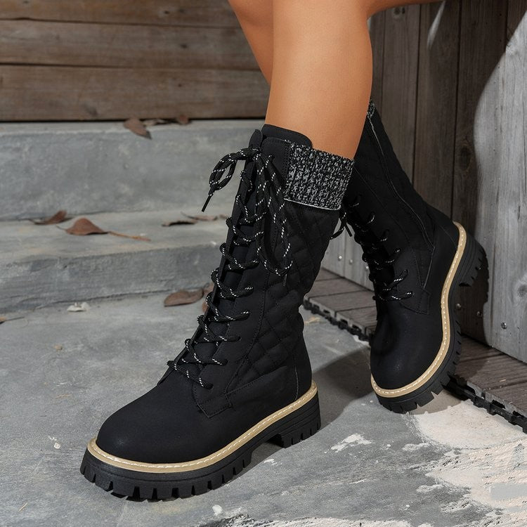 Check The Color-matched Front-lace-up Thick-heeled Martin Boots - [[{"value":"{{ Babyvera Babyvera  }}"}]]