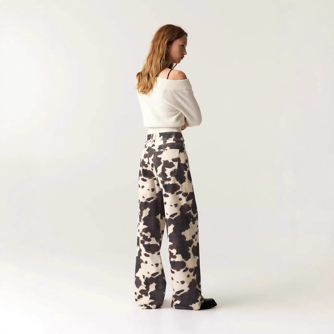 Womens Retro Washed Denim Jeans With Cow Print - [[{"value":"{{ Babyvera Babyvera  }}"}]]