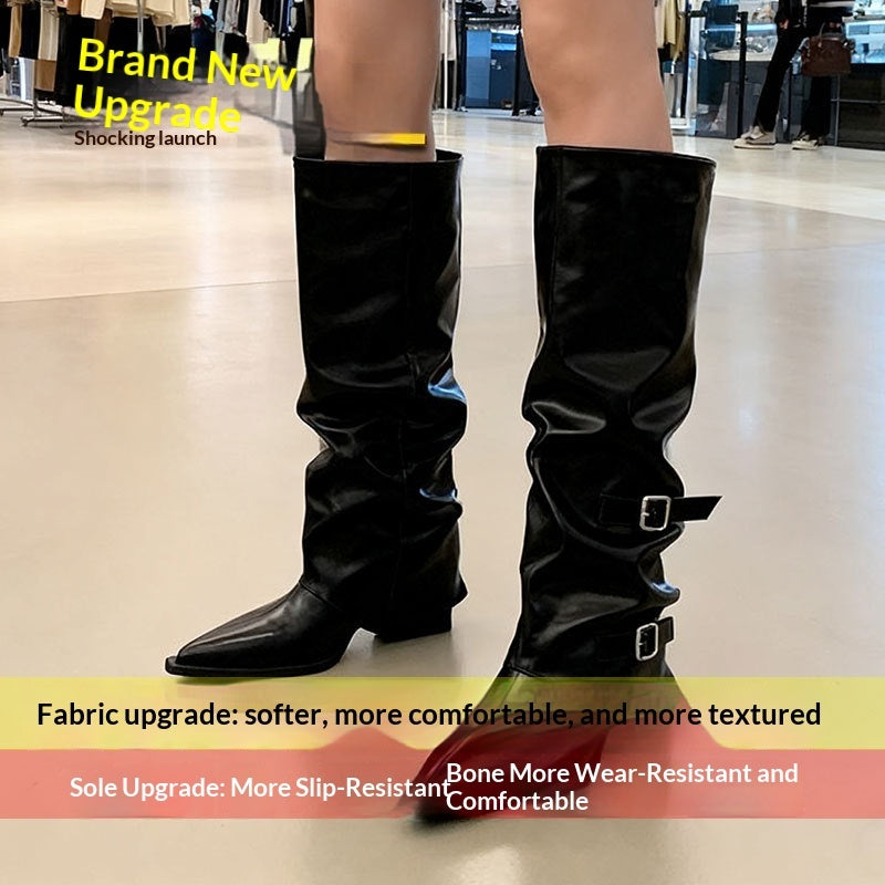 Women's Niche-design Leather-buckle High-rise Riding Boots - [[{"value":"{{ Babyvera Babyvera  }}"}]]