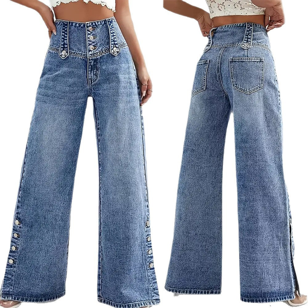 Women's High-Waisted Retro Button Denim Wide-Leg Pants - [[{"value":"{{ Babyvera Babyvera  }}"}]]