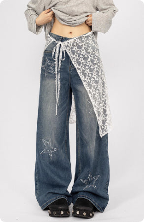 American Retro Hot Girl Lace Patchwork Jeans For Women - [[{"value":"{{ Babyvera Babyvera  }}"}]]