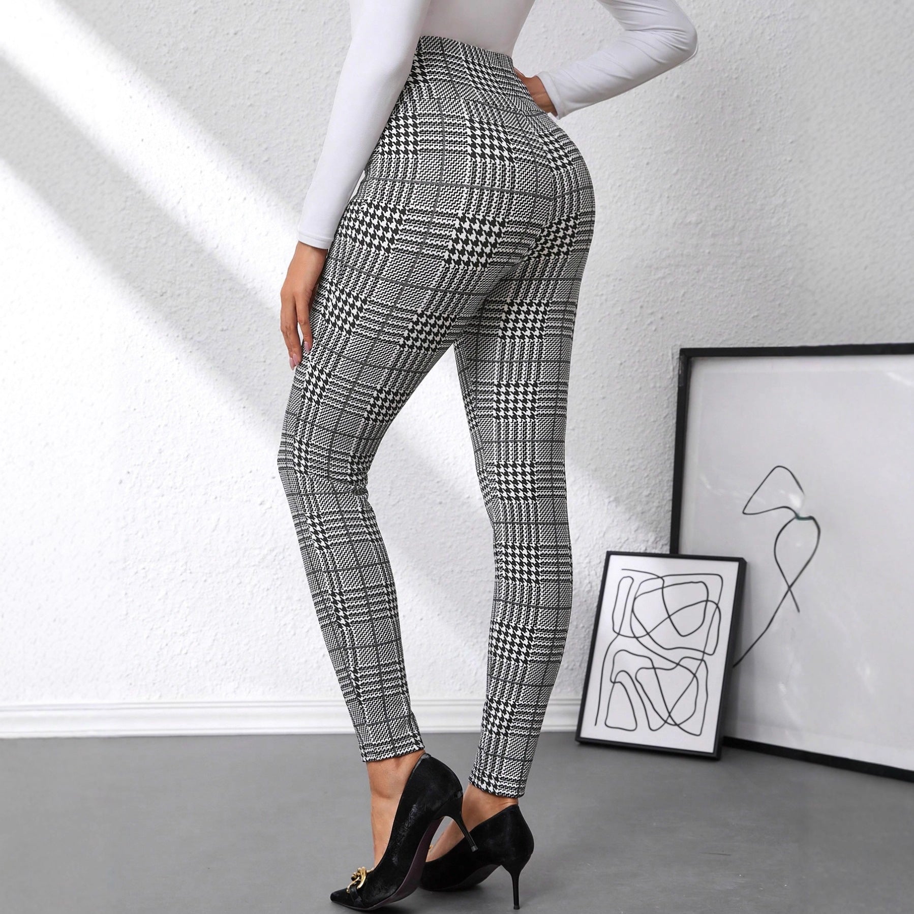 Women's Check Print Button Embellished High-waist Slim-fit Knit Pants - [[{"value":"{{ Babyvera Babyvera  }}"}]]