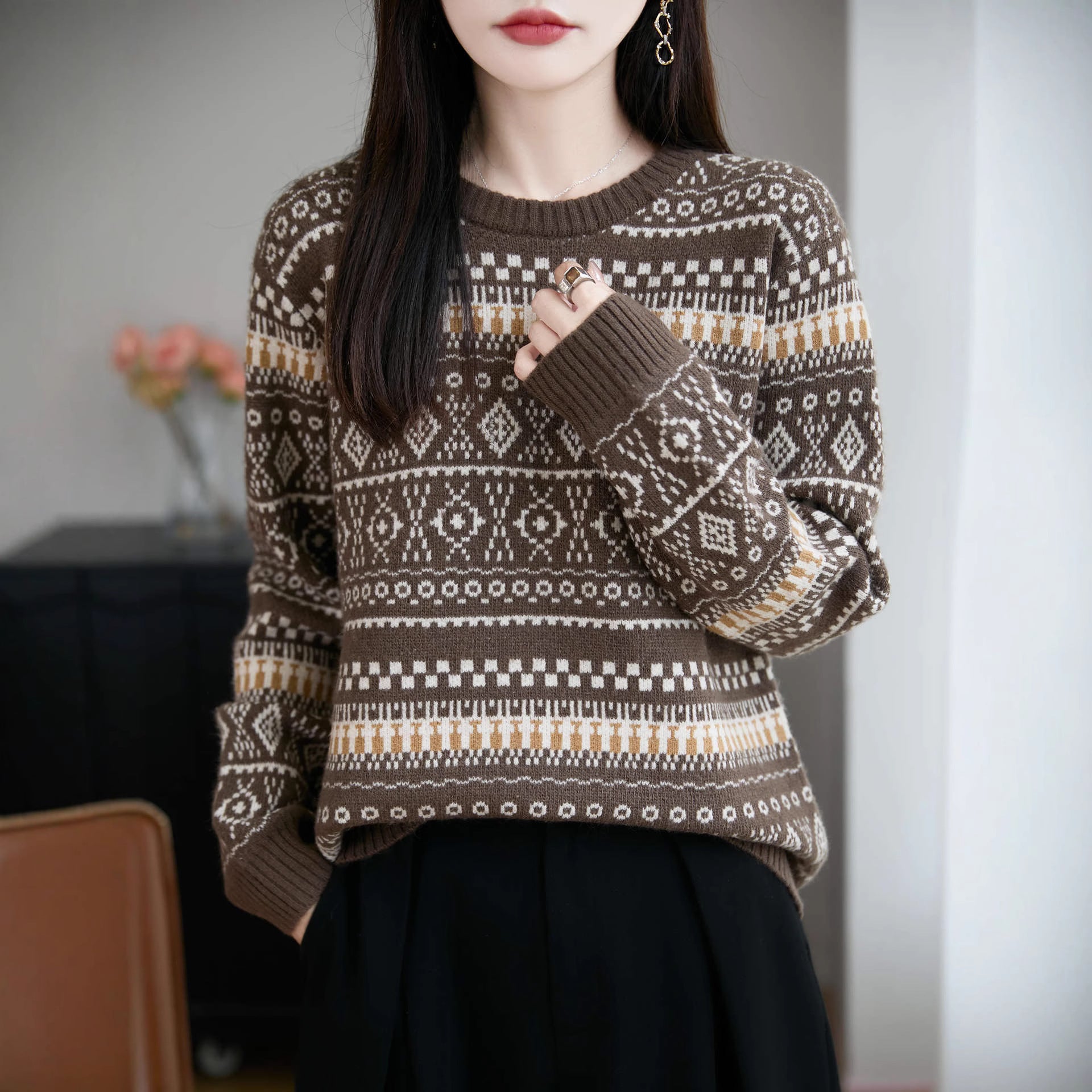 Retro Jacquard Crew-Neck Pullover Fair Isle Thickened Sweater - [[{"value":"{{ Babyvera Babyvera  }}"}]]
