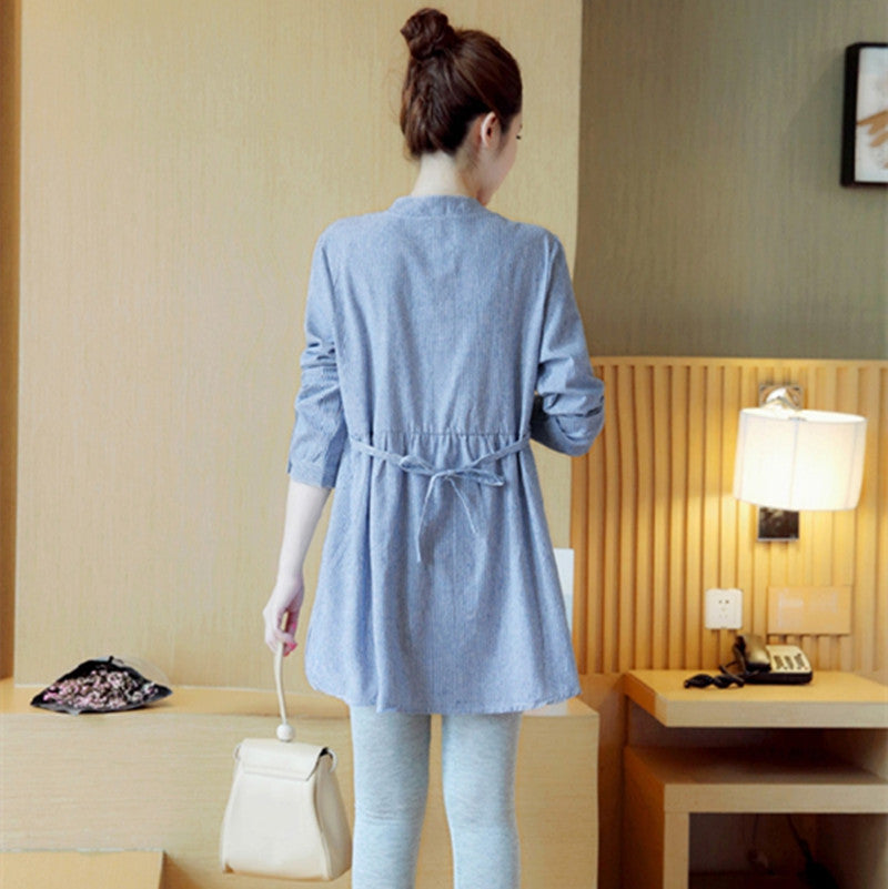 Maternity Dress Stand-up Collar Striped Embroidery Maternity Top - [[{"value":"{{ Babyvera Babyvera  }}"}]]