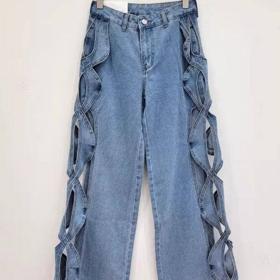 SpringSummer Side-Stranded Braid Ripped Casual Straight-Leg Wide-Leg Denim Jeans - [[{"value":"{{ Babyvera Babyvera  }}"}]]