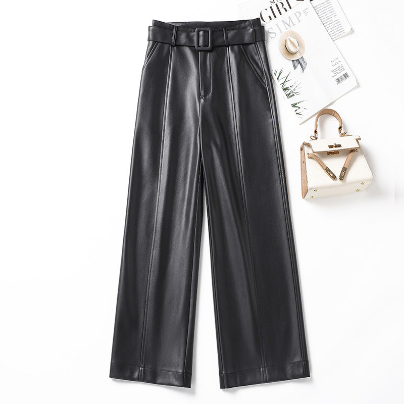 Womens Straight-Leg Leather Pants High-Waisted Fashionable Wide-Leg Pants - [[{"value":"{{ Babyvera Babyvera  }}"}]]