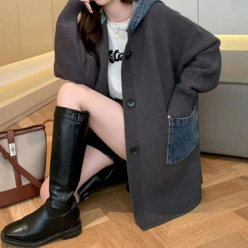 Mid Length Loose Fit Denim Patchwork Knit Cardigan - [[{"value":"{{ Babyvera Babyvera  }}"}]]