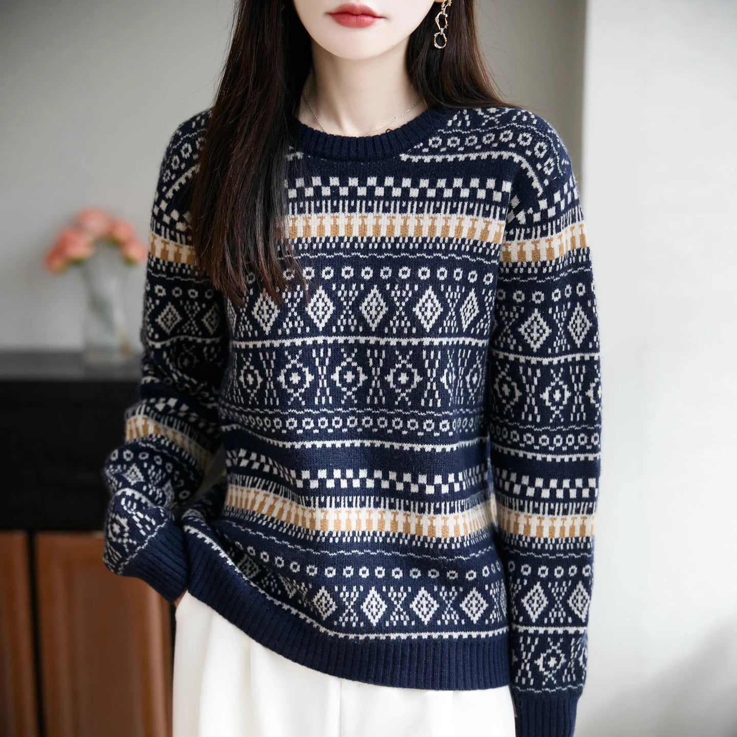 Retro Jacquard Crew-Neck Pullover Fair Isle Thickened Sweater - [[{"value":"{{ Babyvera Babyvera  }}"}]]