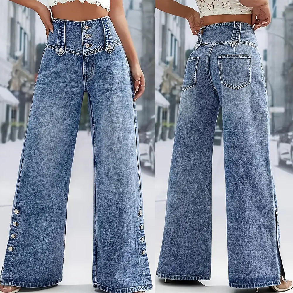 Women's High-Waisted Retro Button Denim Wide-Leg Pants - [[{"value":"{{ Babyvera Babyvera  }}"}]]