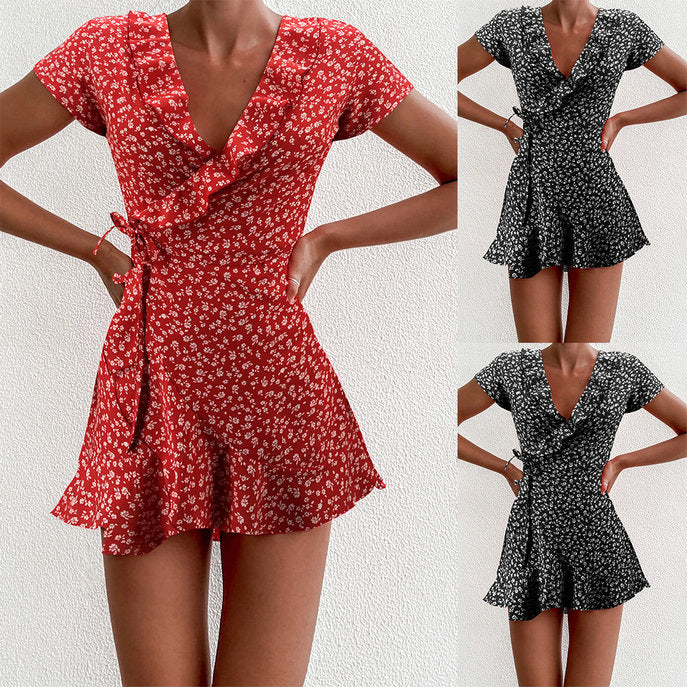 European And American Summer V-neck Ruffled Lace A-line Slim Dress - [[{"value":"{{ Babyvera Babyvera  }}"}]]