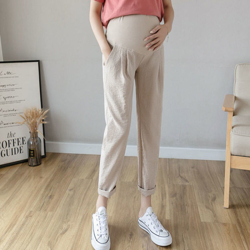 Spring And Autumn Maternity Trousers Wear Linen Casual Cropped Trousers - Babyvera