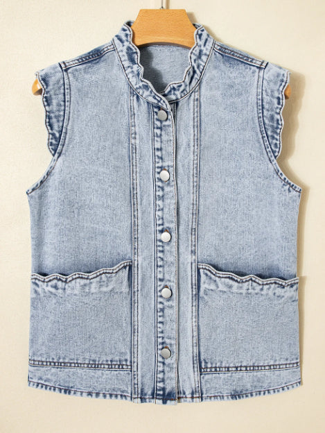 Fan-shaped Trim Patch Pocket Button Front Denim Vest - [[{"value":"{{ Babyvera Babyvera  }}"}]]