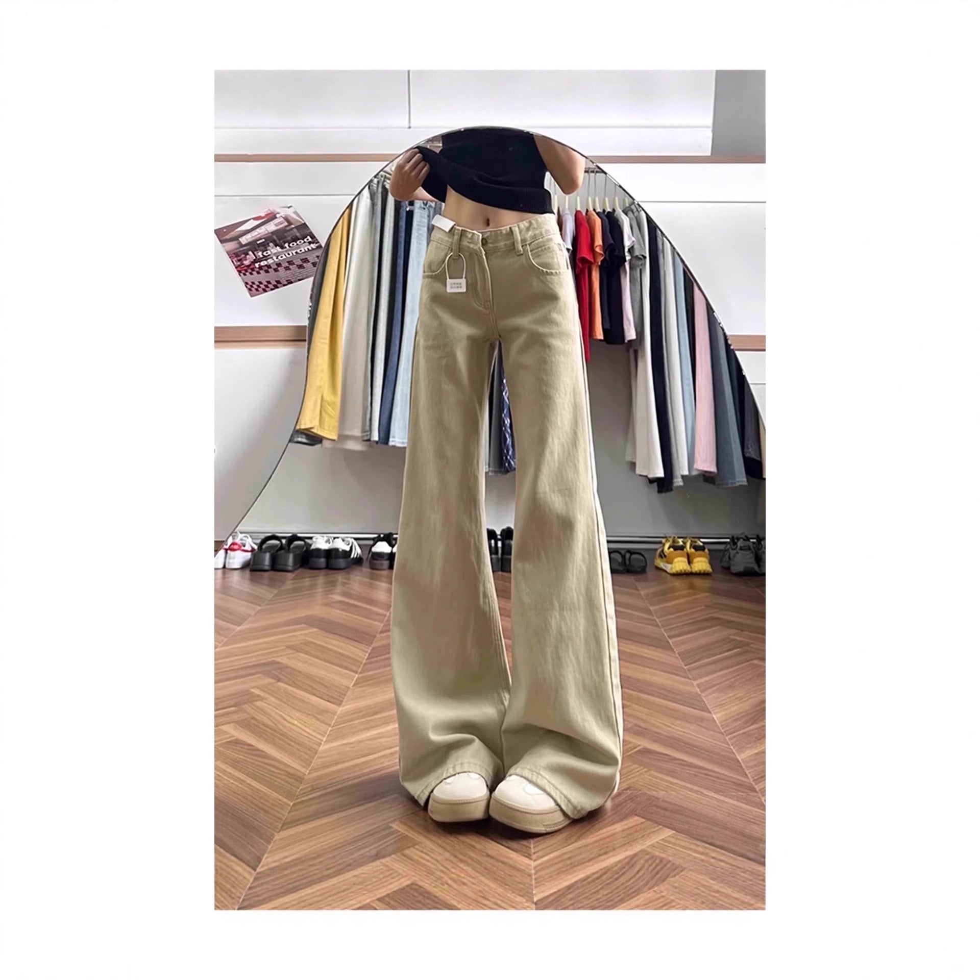 American-style Vintage Khaki Flared High-waist Brown Maillard Loose Floor-length Pants - [[{"value":"{{ Babyvera Babyvera  }}"}]]