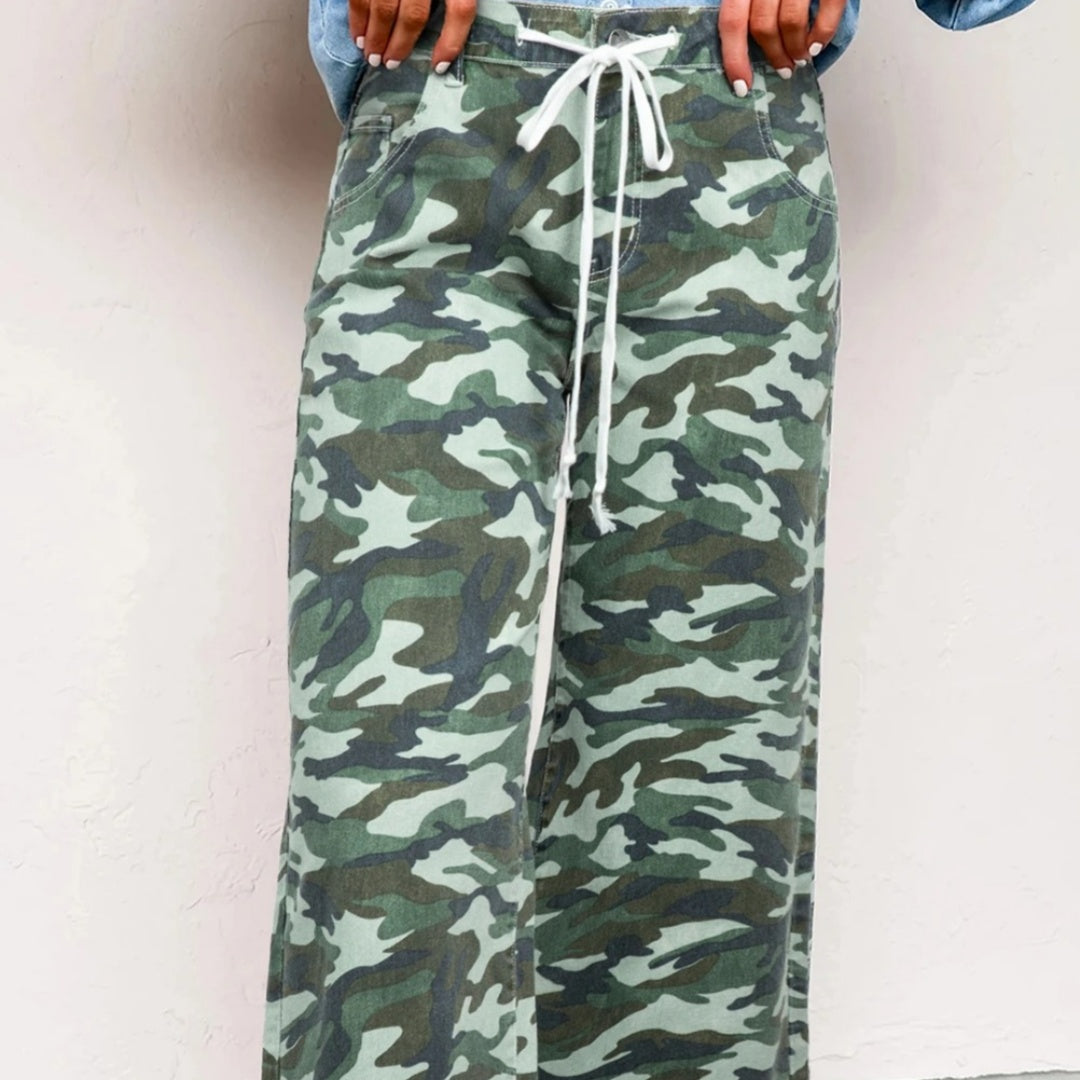 Green Camouflage Print Wide Leg Drawstring Denim Pants - [[{"value":"{{ Babyvera Babyvera  }}"}]]