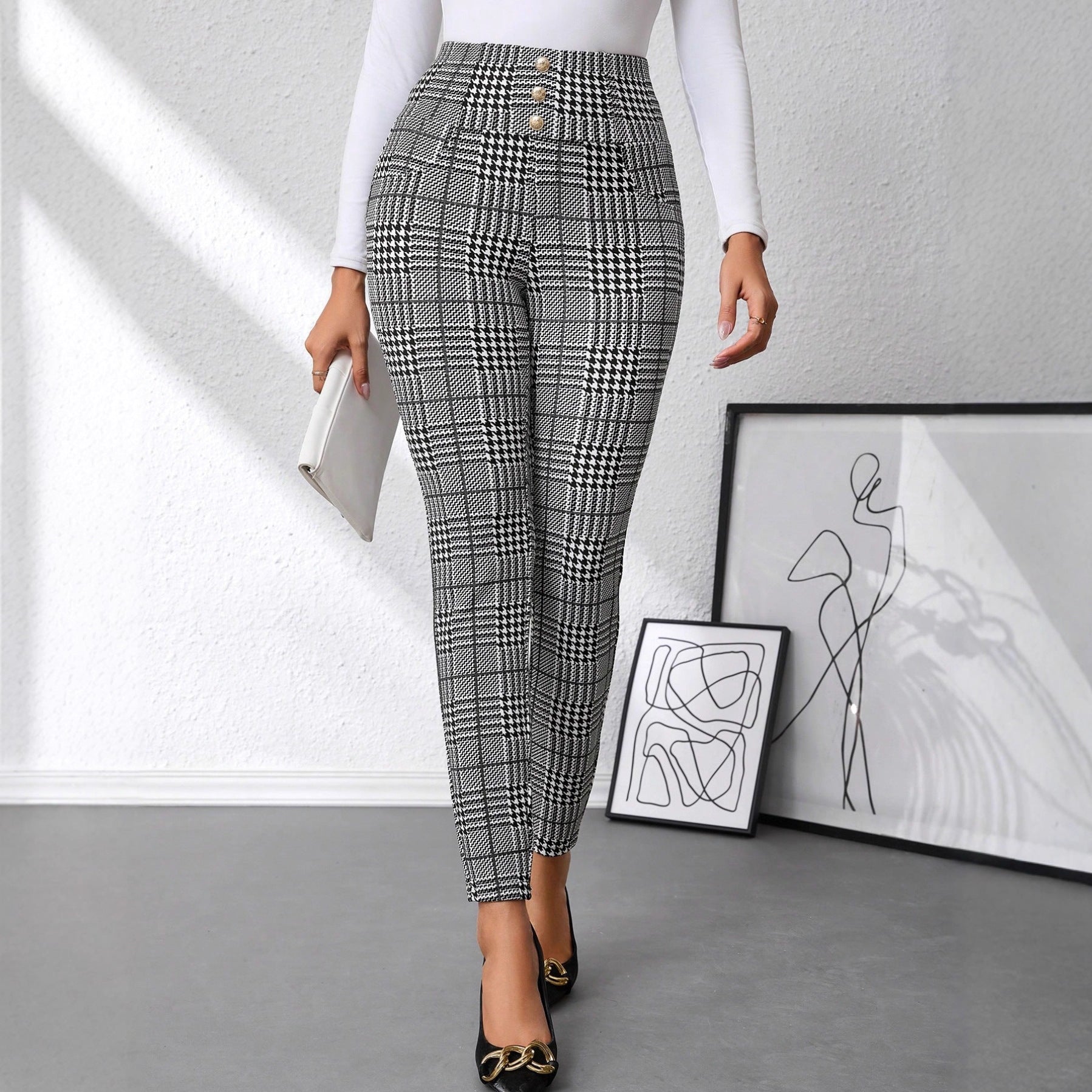 Women's Check Print Button Embellished High-waist Slim-fit Knit Pants - [[{"value":"{{ Babyvera Babyvera  }}"}]]