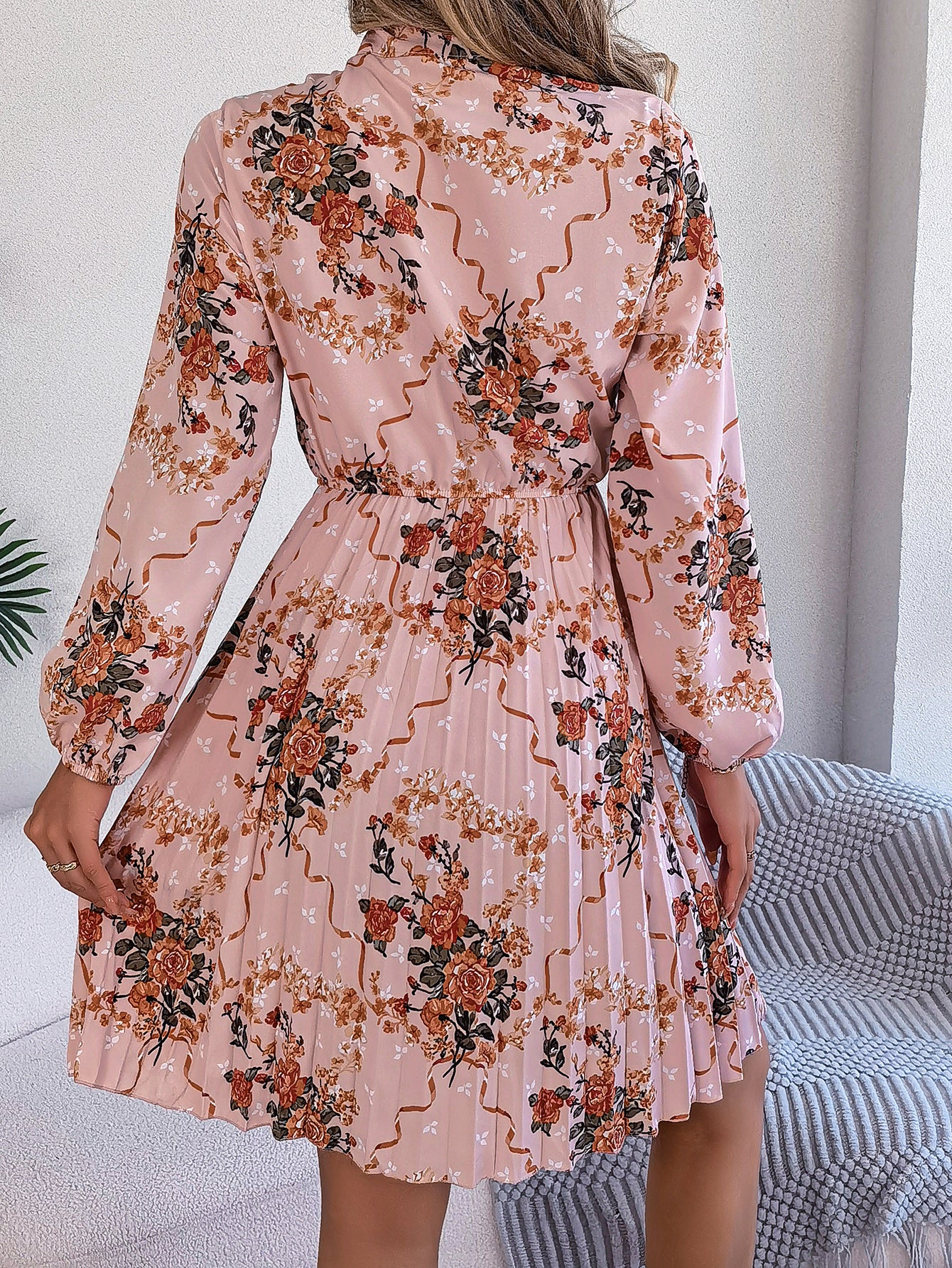 Women's Elegant Floral Tie-Waist Long Sleeve Pleated Maxi Dress - [[{"value":"{{ Babyvera Babyvera  }}"}]]