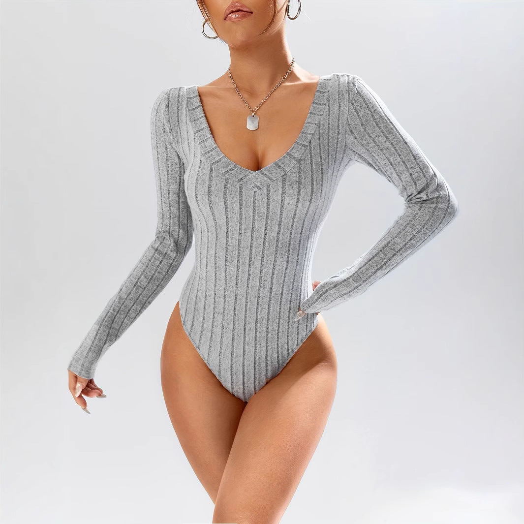 Simple Casual Solid Color Deep V-neck Slim Fit Waist-controlled Long Sleeves Jumpsuit Women - [[{"value":"{{ Babyvera Babyvera  }}"}]]