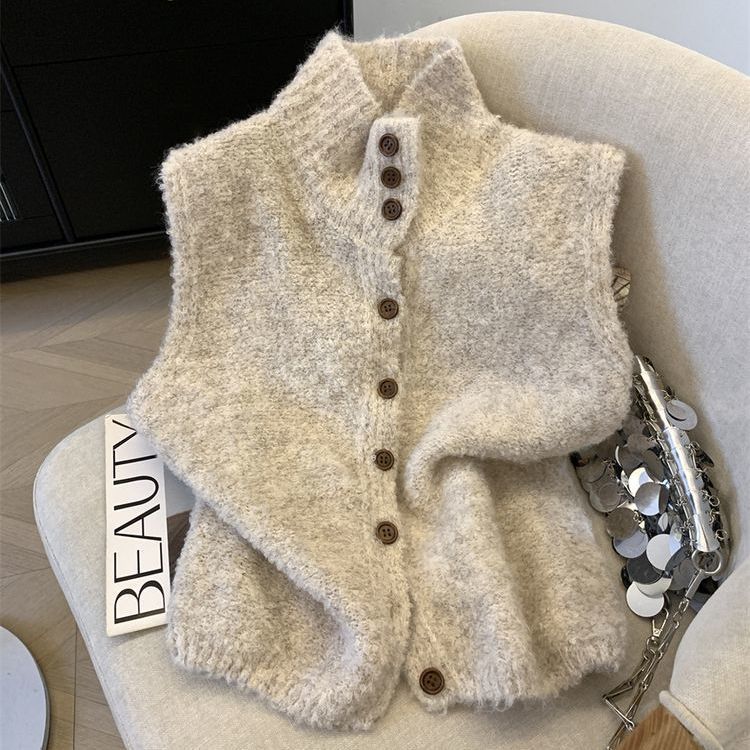 Korean-style Refined High-neck Single-breasted Solid Color Knitted Vest - [[{"value":"{{ Babyvera Babyvera  }}"}]]