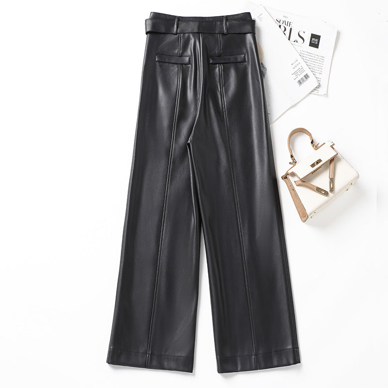 Womens Straight-Leg Leather Pants High-Waisted Fashionable Wide-Leg Pants - [[{"value":"{{ Babyvera Babyvera  }}"}]]