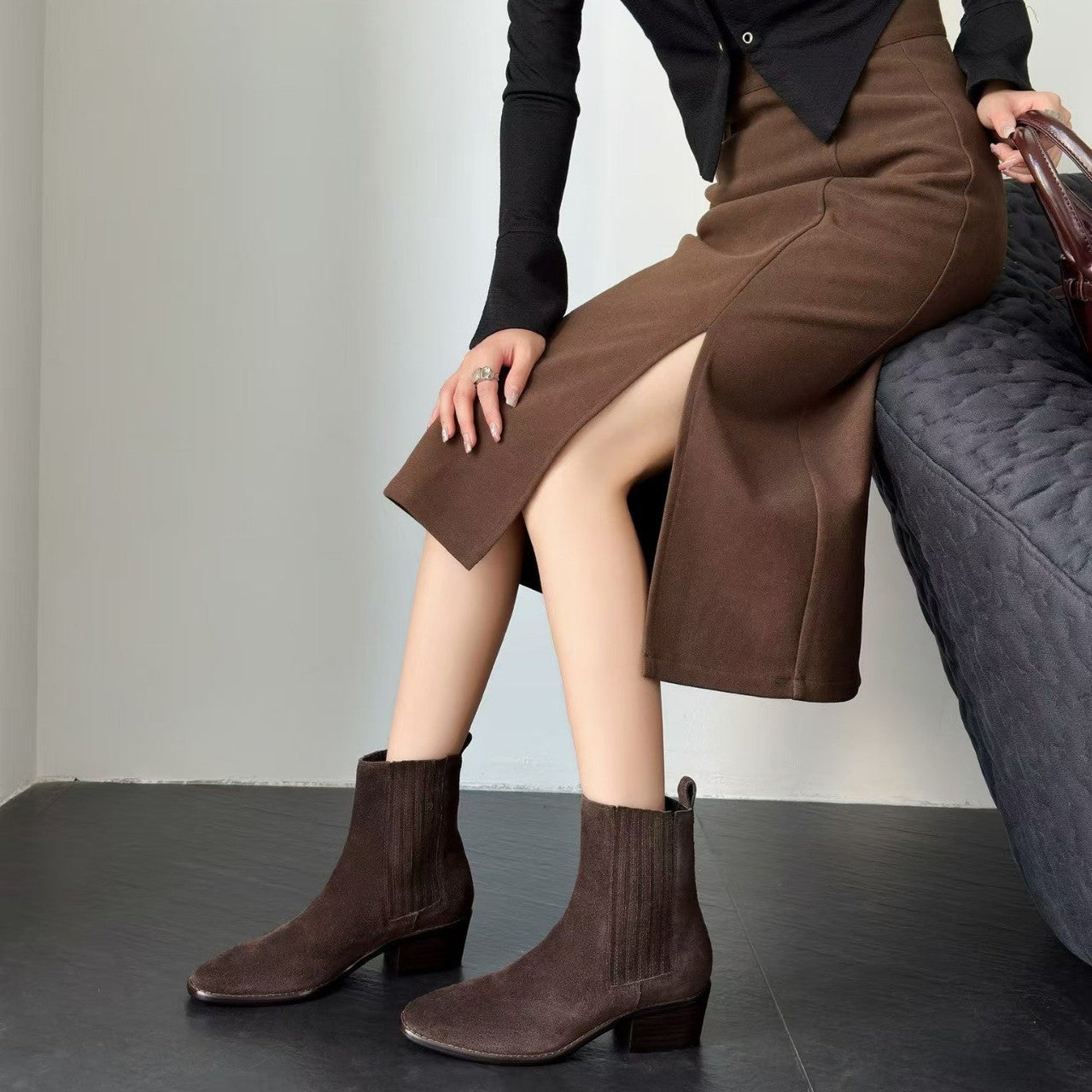 Womens Early Autumn French-Style Ankle Boots In Genuine Leather With A Square Toe And Chunky Mid Heel - [[{"value":"{{ Babyvera Babyvera  }}"}]]