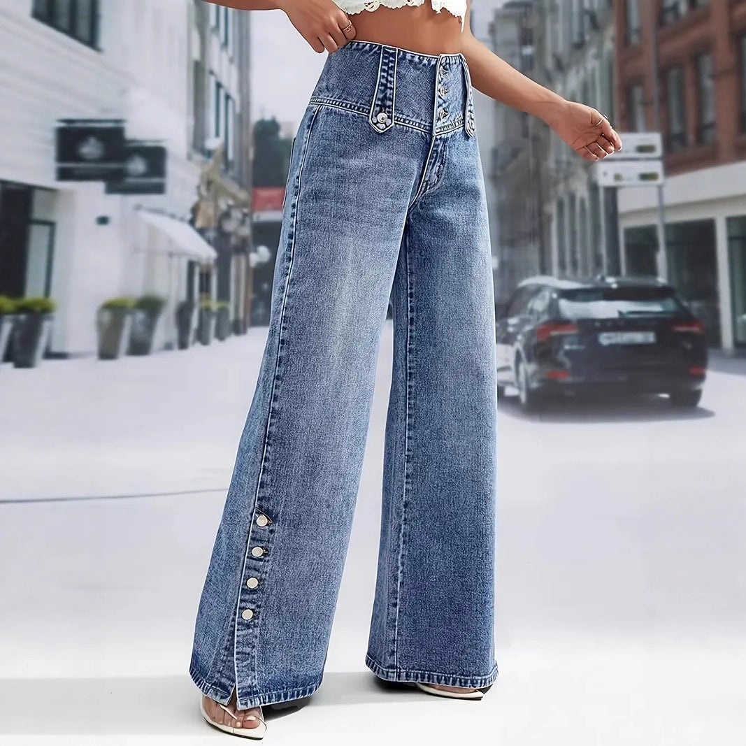 Women's High-Waisted Retro Button Denim Wide-Leg Pants - [[{"value":"{{ Babyvera Babyvera  }}"}]]