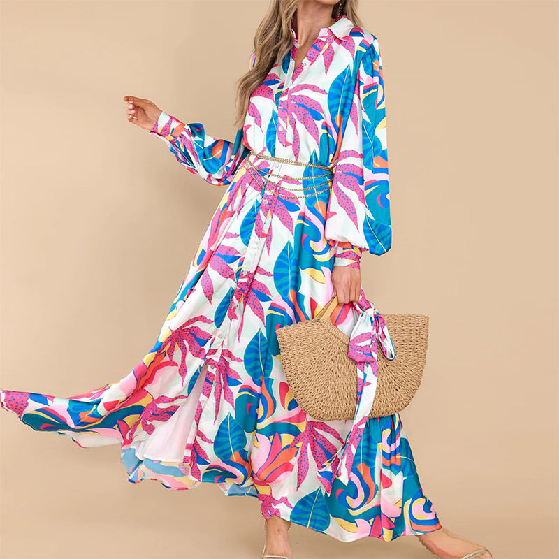New Printed Dresses Long-sleeved Polo Collar Oversized Hem Dresses Women - [[{"value":"{{ Babyvera Babyvera  }}"}]]