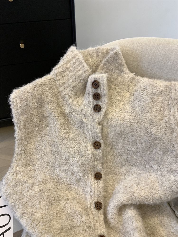 Korean-style Refined High-neck Single-breasted Solid Color Knitted Vest - [[{"value":"{{ Babyvera Babyvera  }}"}]]