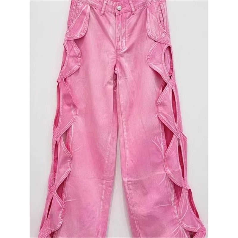 SpringSummer Side-Stranded Braid Ripped Casual Straight-Leg Wide-Leg Denim Jeans - [[{"value":"{{ Babyvera Babyvera  }}"}]]