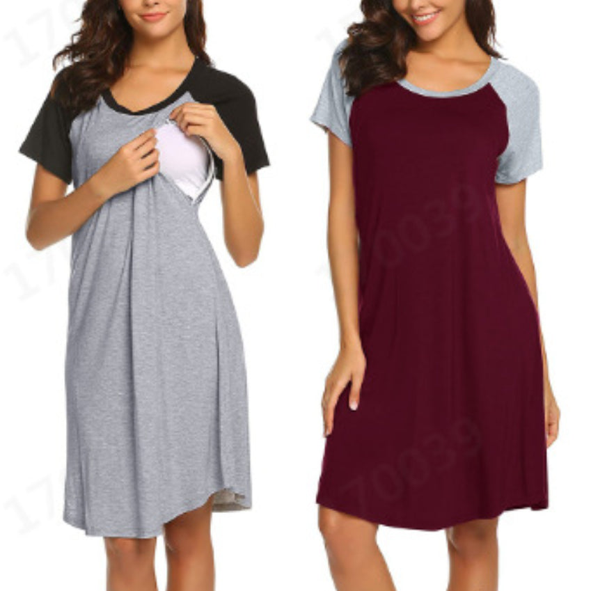 Maternity Clothes Round Neck Short Sleeve Nursing Opening Dress Pajamas - [[{"value":"{{ Babyvera Babyvera  }}"}]]