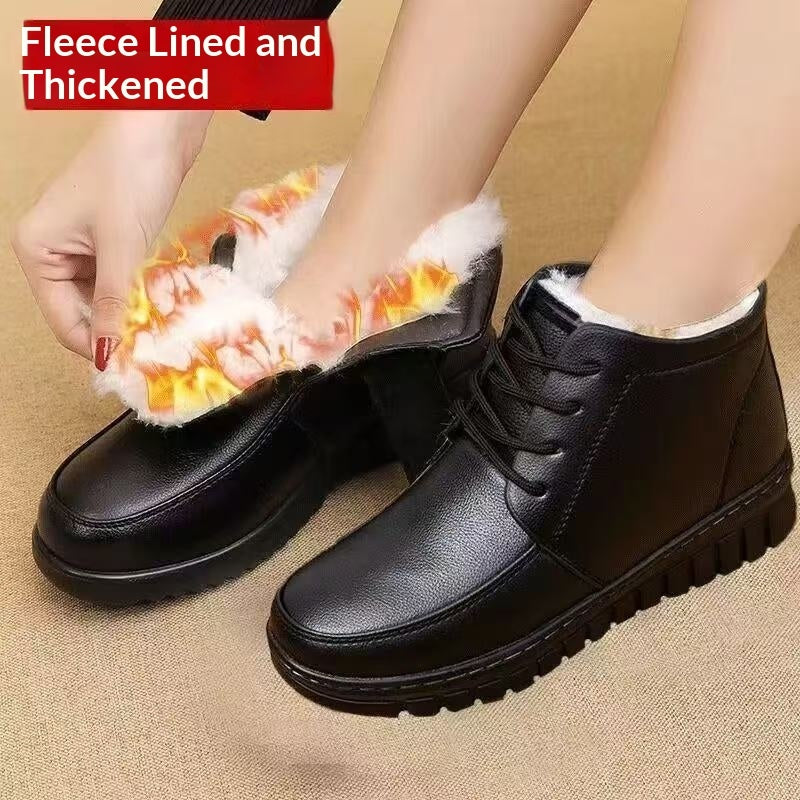 Fleece-lined Extra-thick Warm Ankle Boots Mid- And Elderly Leather Boots With Flat Soles - [[{"value":"{{ Babyvera Babyvera  }}"}]]