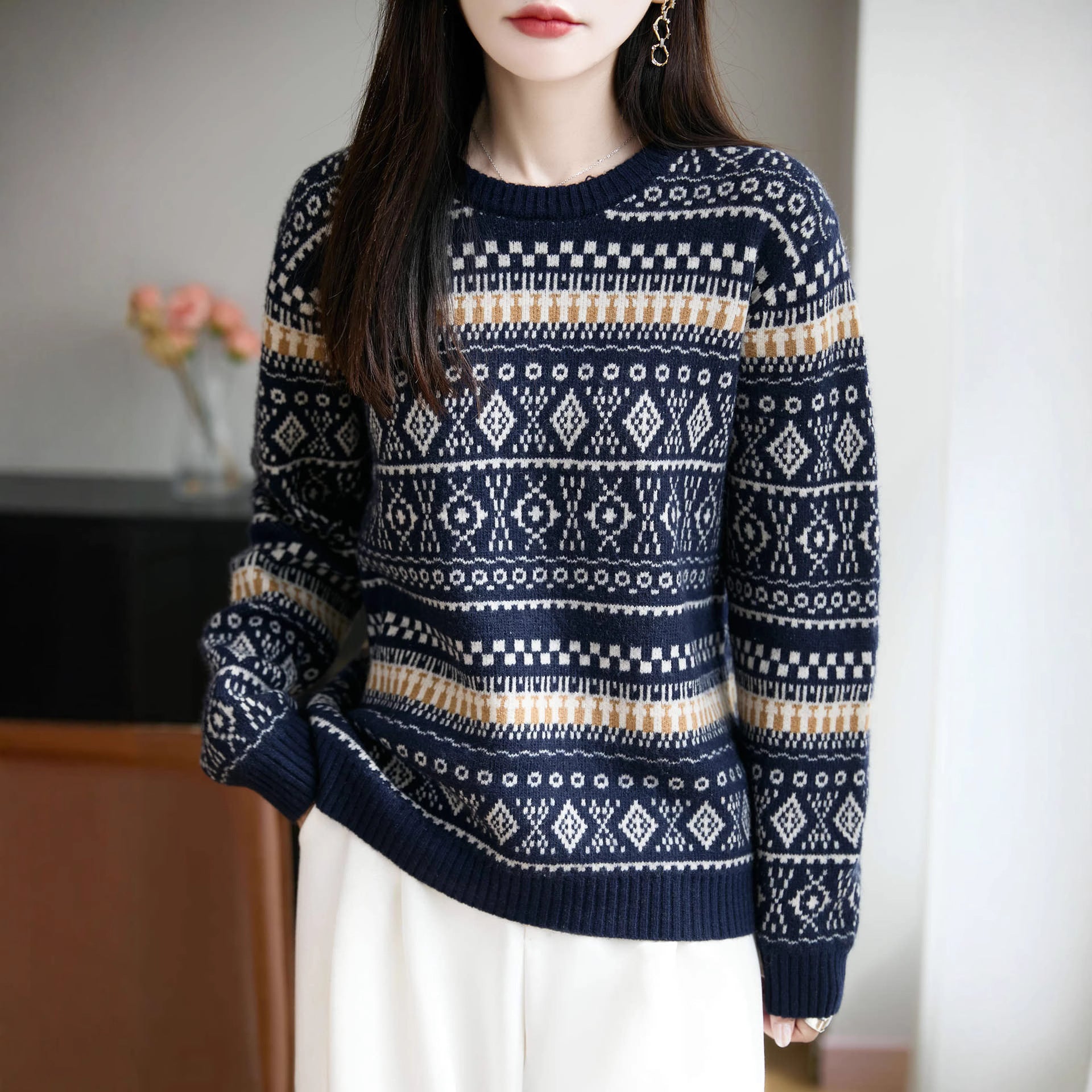 Retro Jacquard Crew-Neck Pullover Fair Isle Thickened Sweater - [[{"value":"{{ Babyvera Babyvera  }}"}]]
