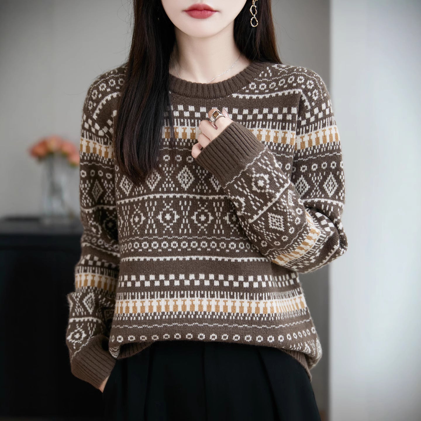 Retro Jacquard Crew-Neck Pullover Fair Isle Thickened Sweater - [[{"value":"{{ Babyvera Babyvera  }}"}]]
