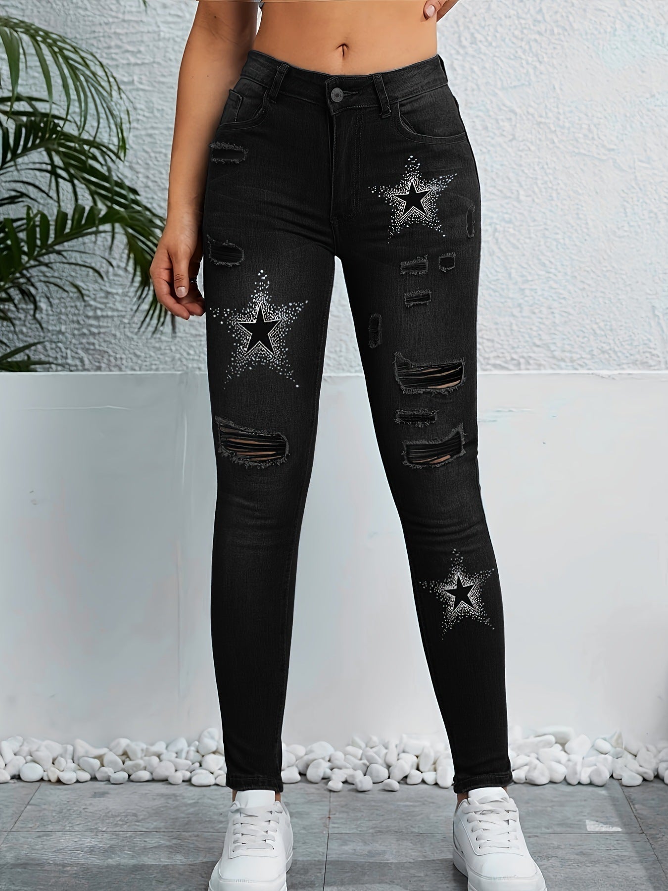 Stylish Ripped Distressed Color-blocked Versatile Star-print Skinny Denim Jeans - [[{"value":"{{ Babyvera Babyvera  }}"}]]