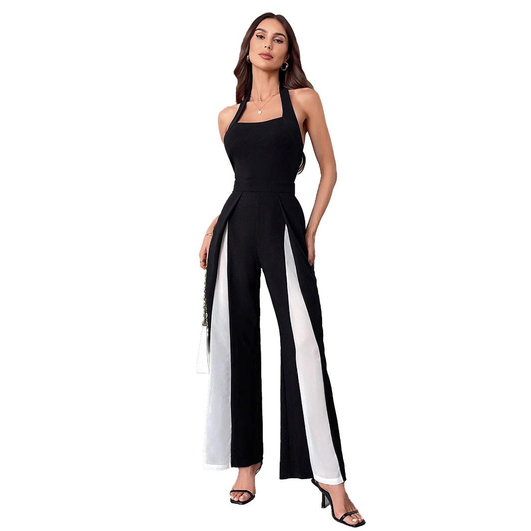 Black And White Color Matching Straight Halter Jumpsuit - Babyvera
