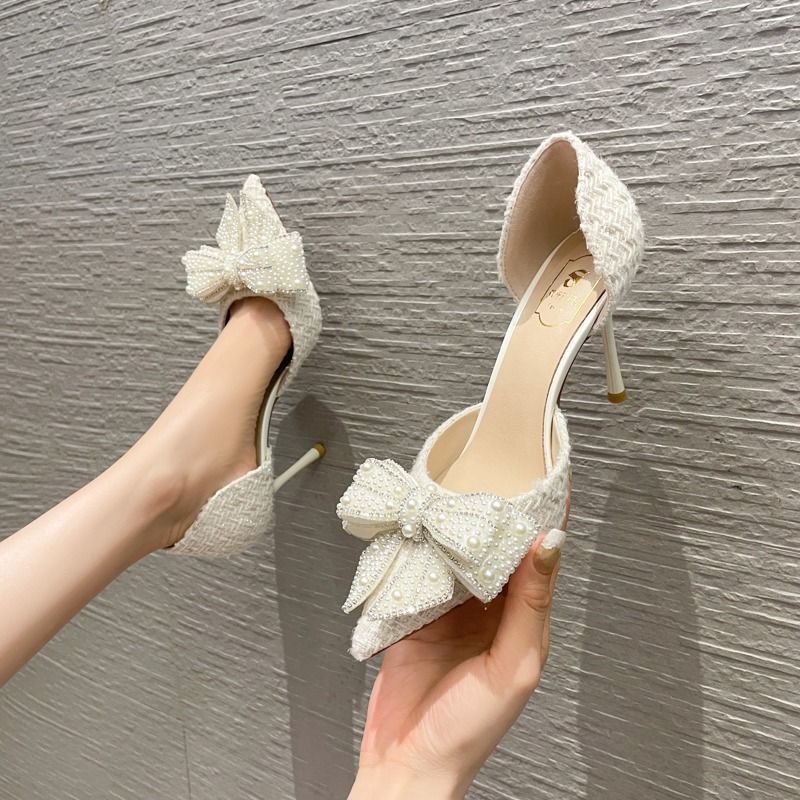 Breathable Side Empty Bow Niche With Skirt Rhinestone Hollow Pumps - Babyvera