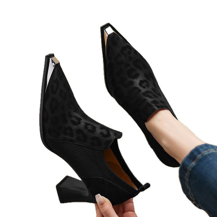 British Leopard Print Metal Head High Heels Women's Thick Heels New Spring And Autumn Season - Babyvera