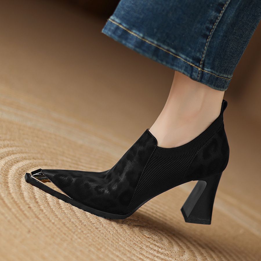 British Leopard Print Metal Head High Heels Women's Thick Heels New Spring And Autumn Season - Babyvera