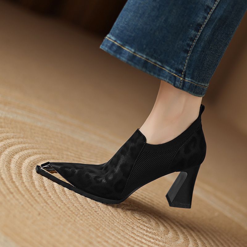 British Leopard Print Metal Head High Heels Women's Thick Heels New Spring And Autumn Season - Babyvera