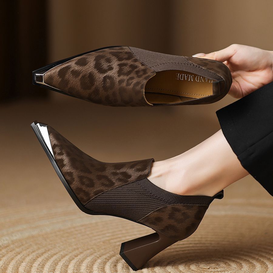 British Leopard Print Metal Head High Heels Women's Thick Heels New Spring And Autumn Season - Babyvera