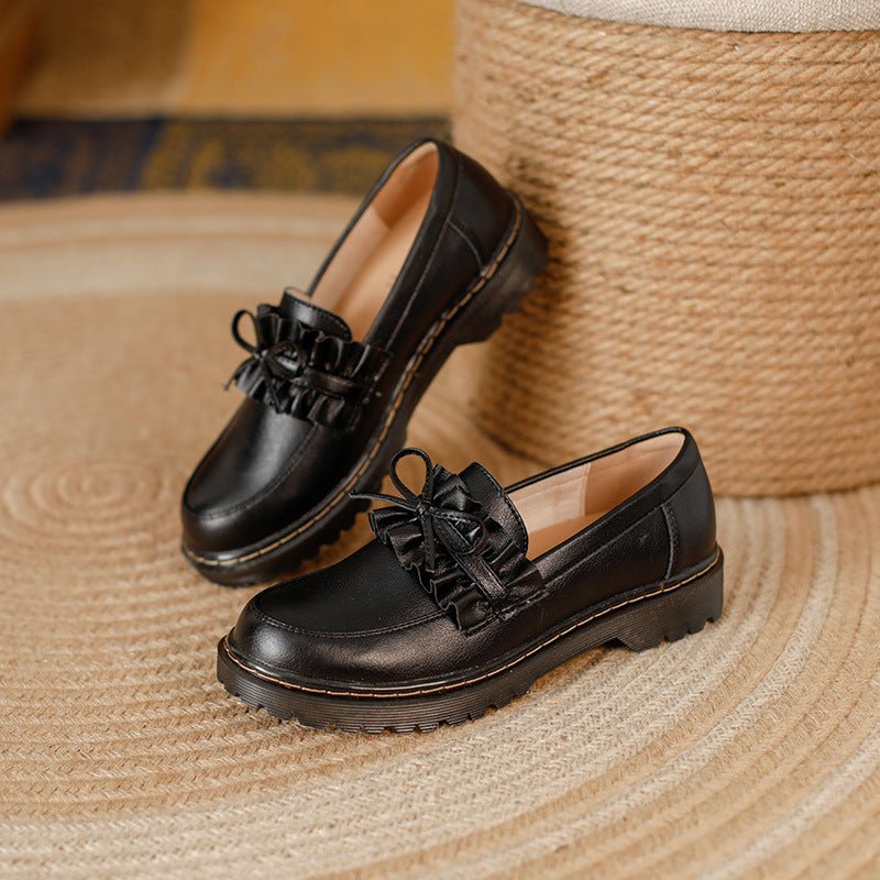 British Style Round Head Chunky Heel Small Leather Shoes For Women - Babyvera