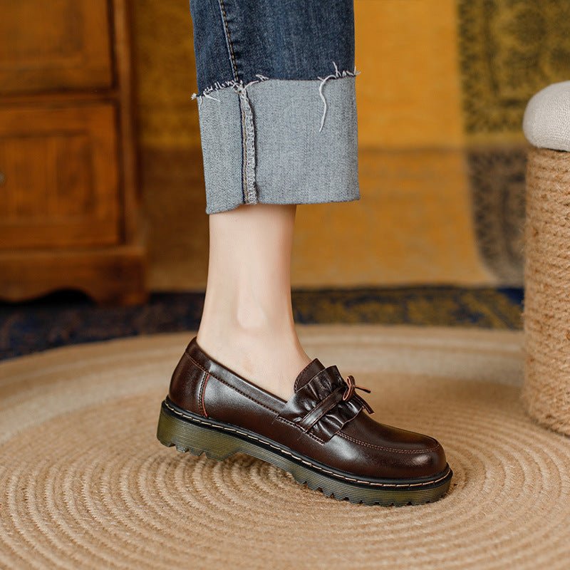 British Style Round Head Chunky Heel Small Leather Shoes For Women - Babyvera