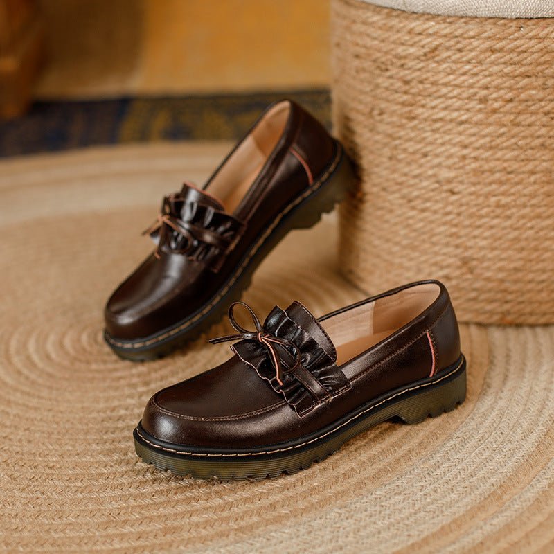 British Style Round Head Chunky Heel Small Leather Shoes For Women - Babyvera