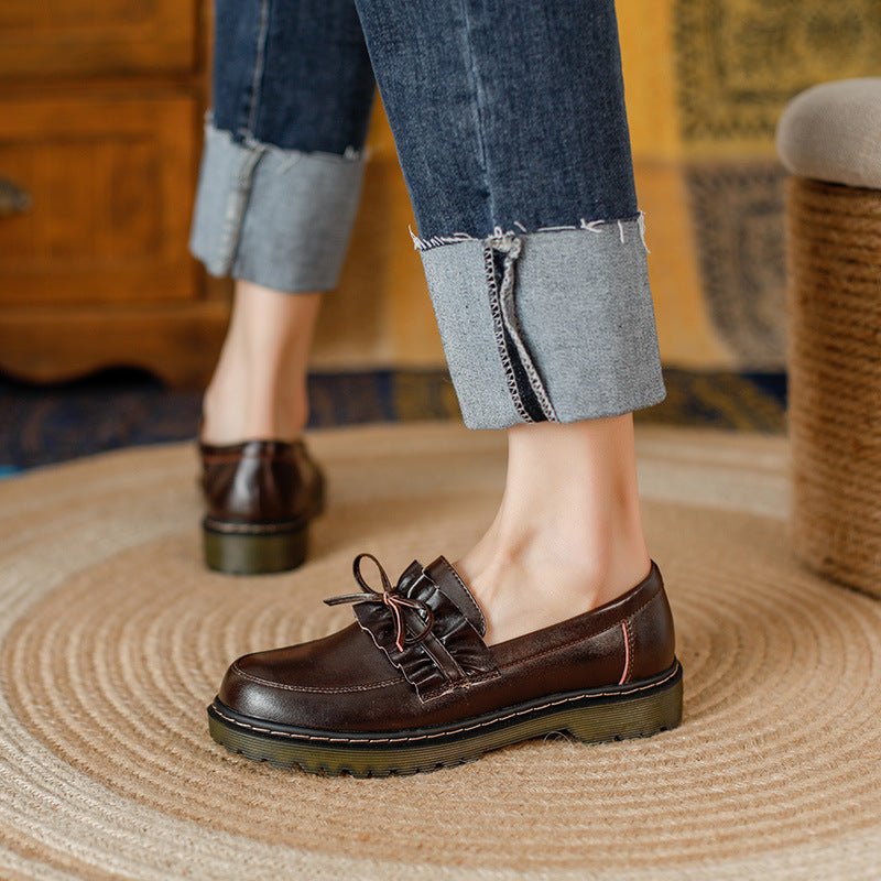 British Style Round Head Chunky Heel Small Leather Shoes For Women - Babyvera