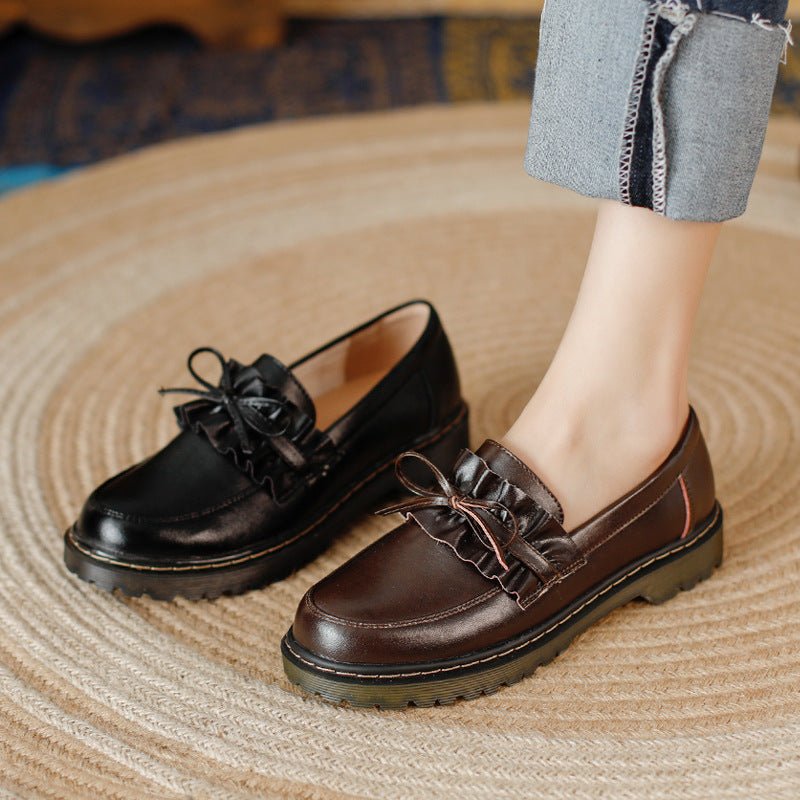 British Style Round Head Chunky Heel Small Leather Shoes For Women - Babyvera